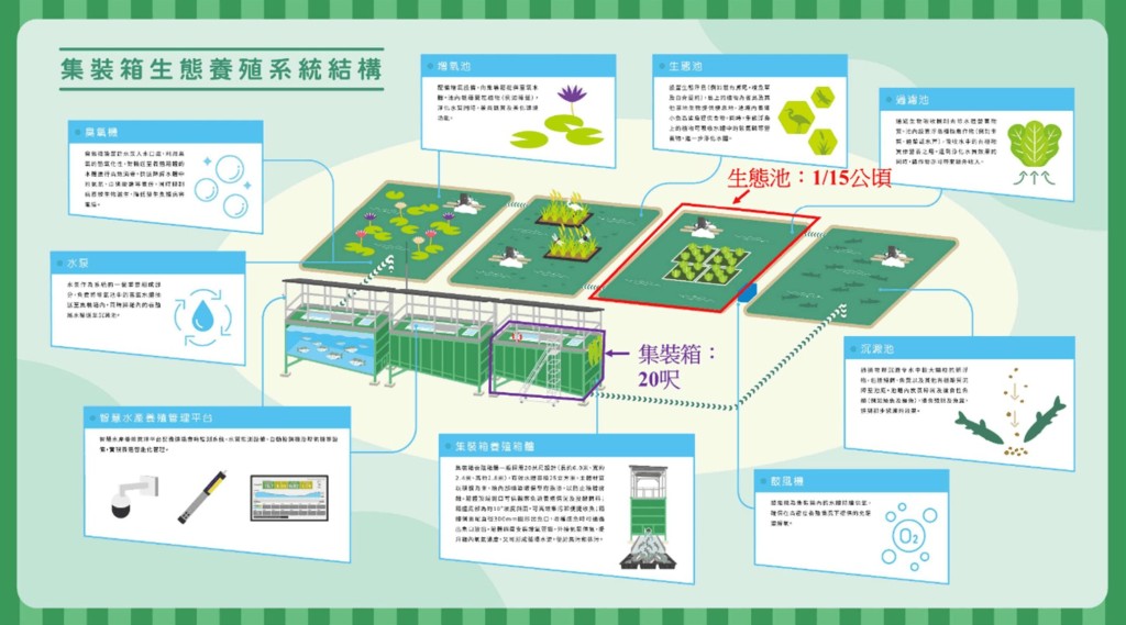 集裝箱生態養殖系統由設置於塘壆上的3個標準20呎集裝箱以及四個相鄰生態池組成。吳艷玲攝 集裝箱生態養殖系統由設置於塘壆上的3個標準20呎集裝箱以及四個相鄰生態池組成。吳艷玲攝