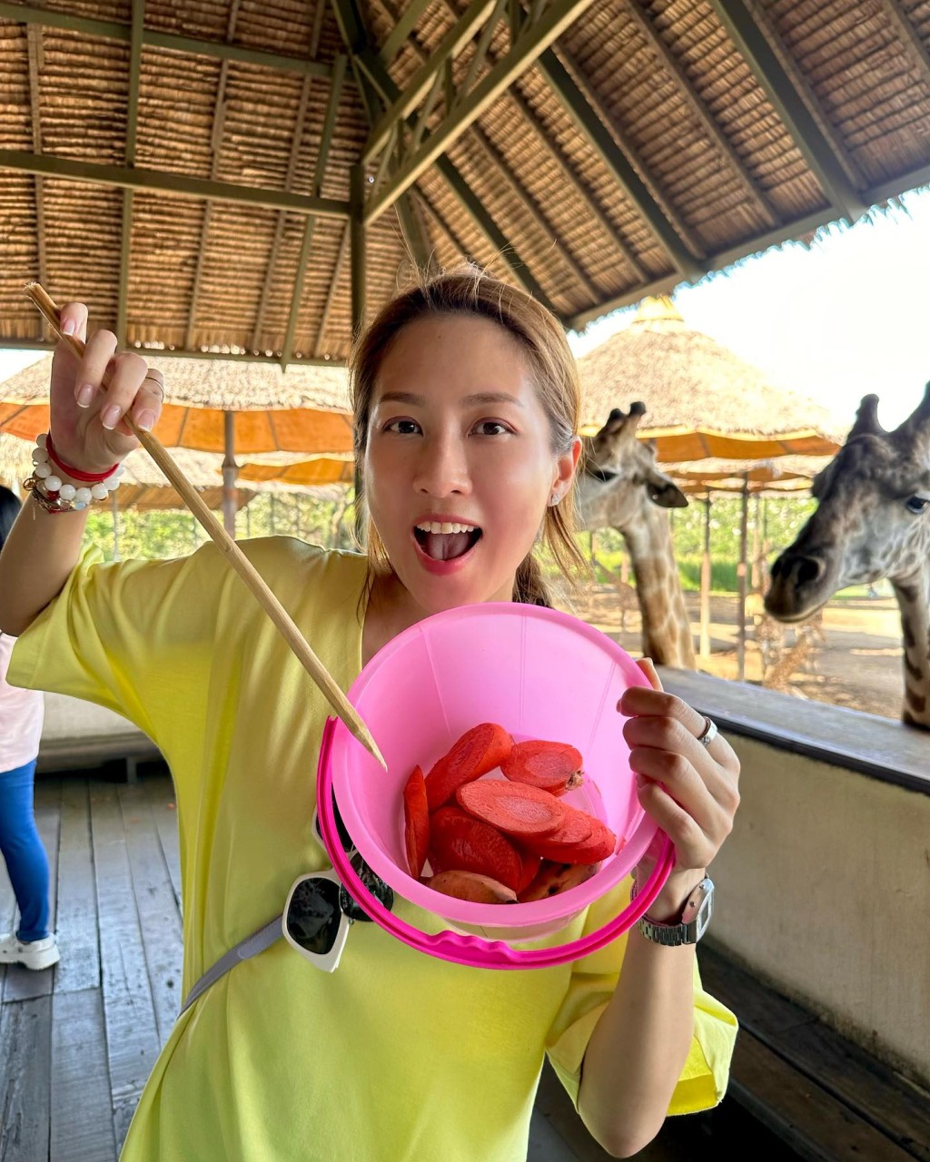 陈敏之一家在动物园细兴奋喂长颈鹿。