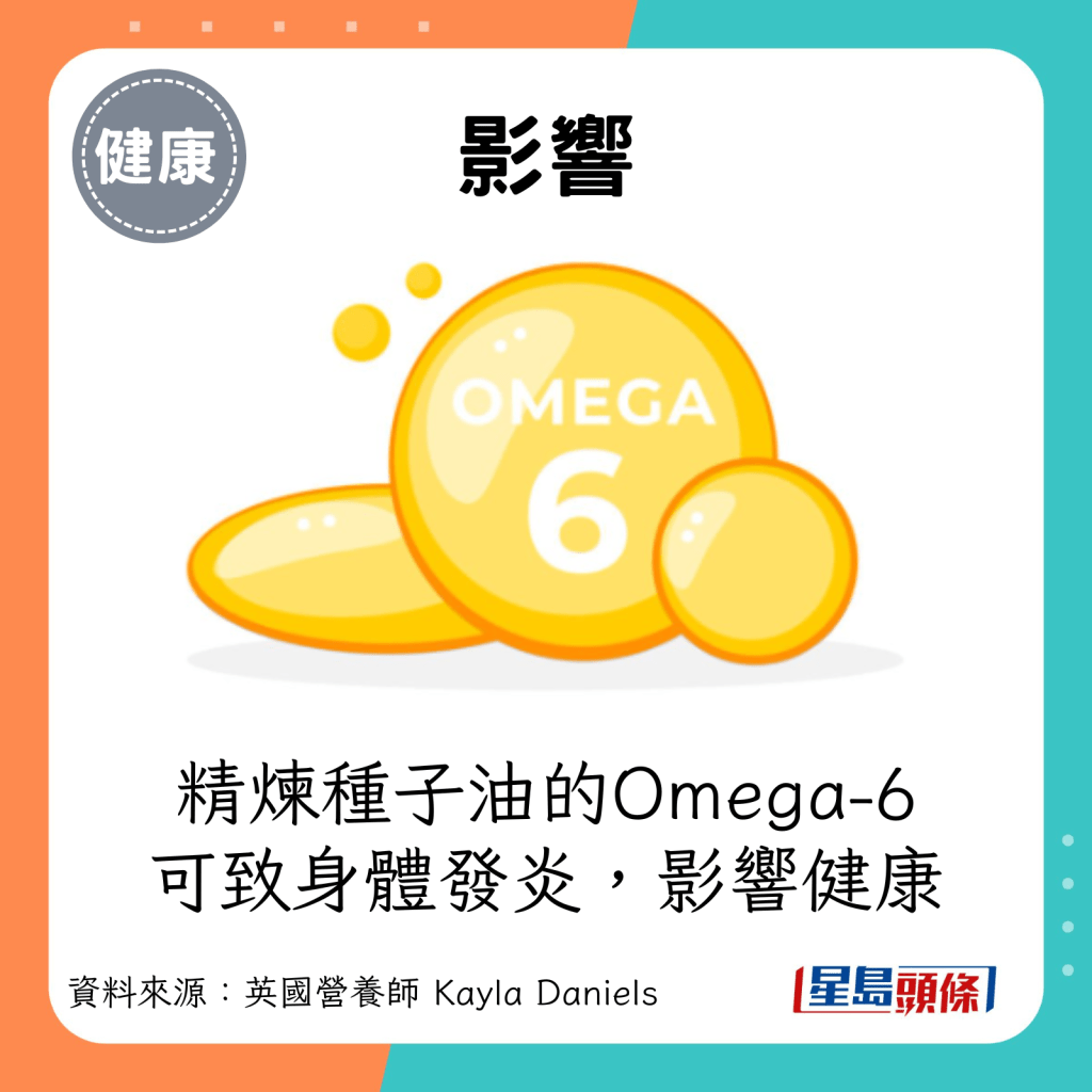 影響：精煉種子油的Omega-6可致身體發炎，影響健康