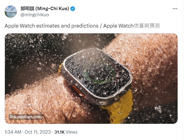 郭明錤最新发文指出，今年Apple Watch出货量将按年跌约15%至3,600万至3,800万只。