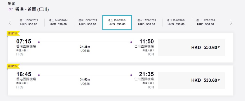 8月中下旬往首爾機票折扣後票價約500多元。HKexpress網站截圖