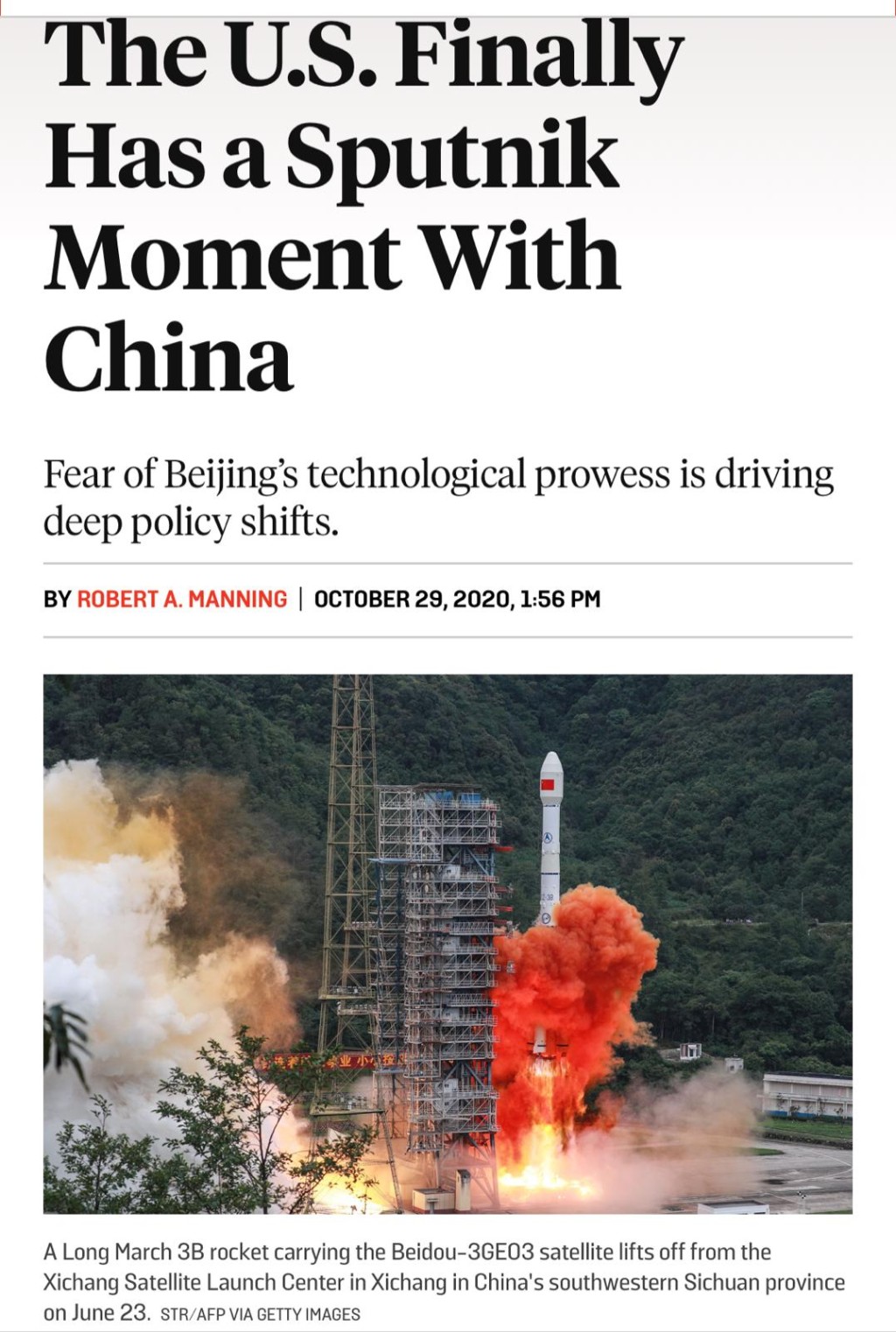 美國《外交政策》雜誌發表文章，指美國終於迎來了與中國的「斯普特尼克時刻」（Sputnik Moment)。