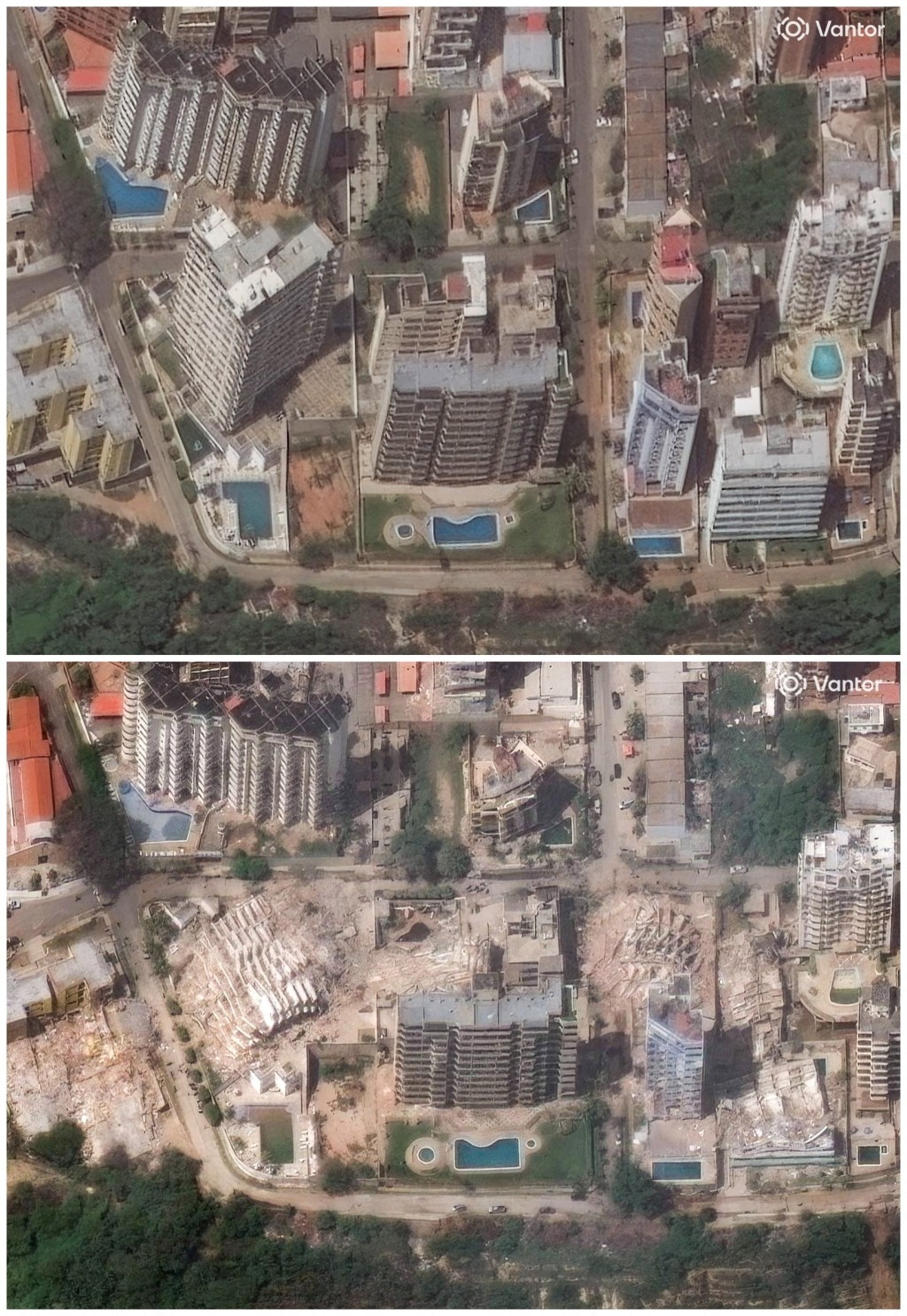 從這張高空對比圖，清晰可見地震後許多樓宇倒塌，面目全非。路透社