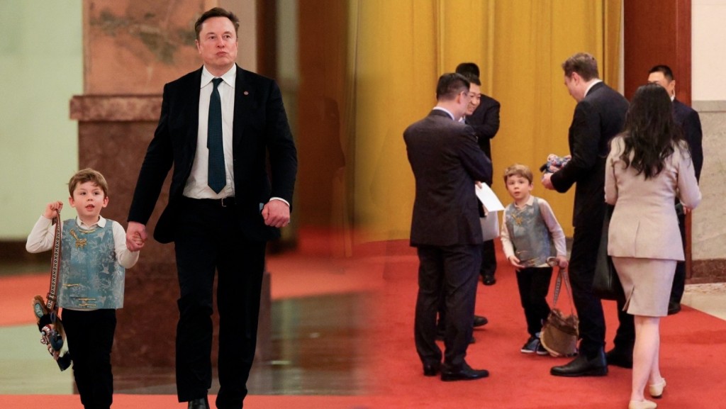 馬斯克6歲兒子X現身人民大會堂。 美聯社