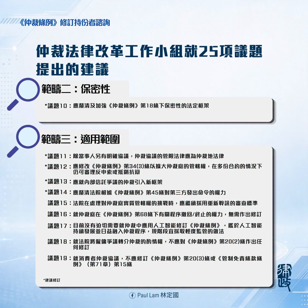 工作小組針對業界關注的25項議題,歸納為四大範疇,當中包括保密性及適用範圍。林定國fb 工作小組針對業界關注的25項議題,歸納為四大範疇,當中包括保密性及適用範圍。林定國fb