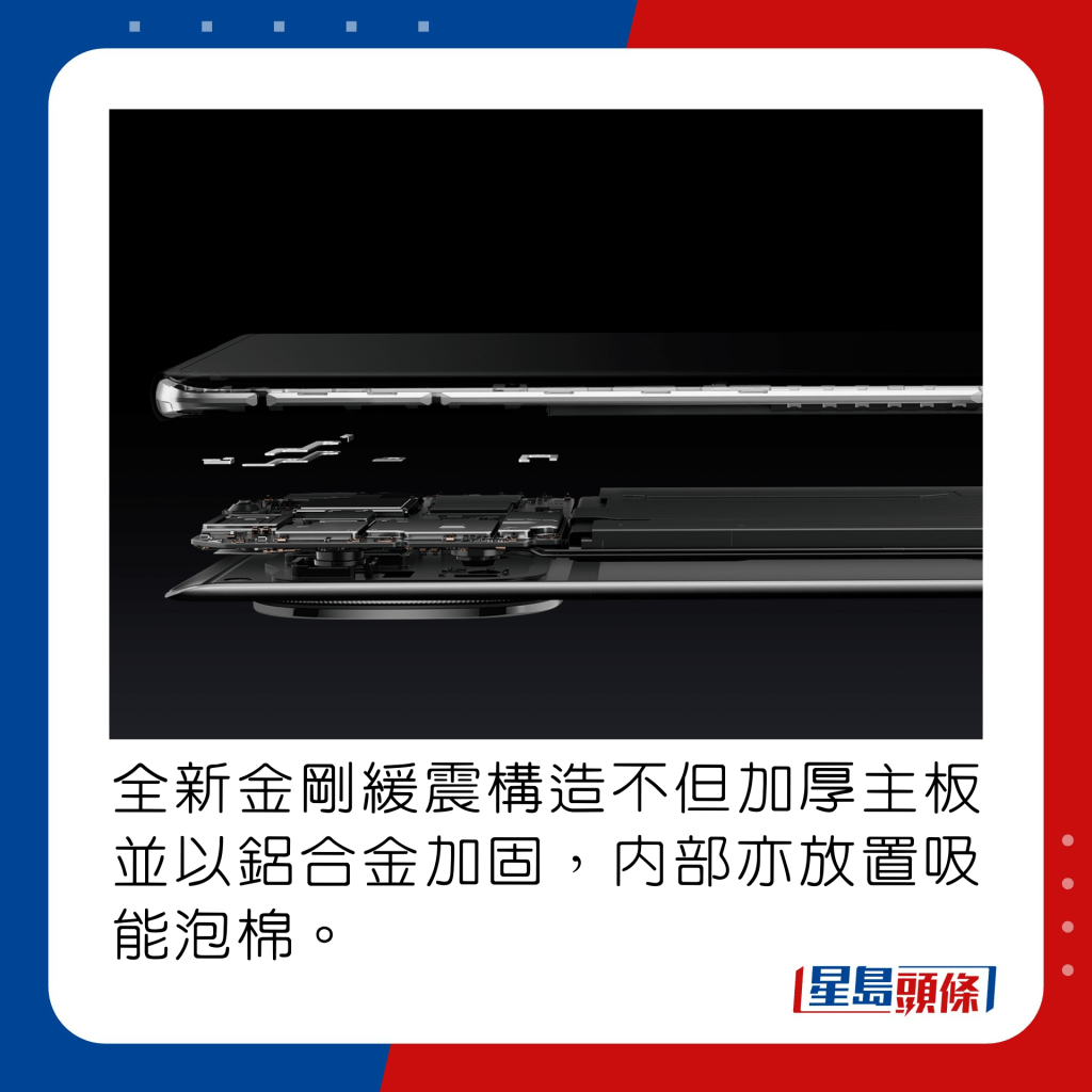 全新金刚缓震构造不但加厚主板并以铝合金加固，内部亦放置吸能泡棉。