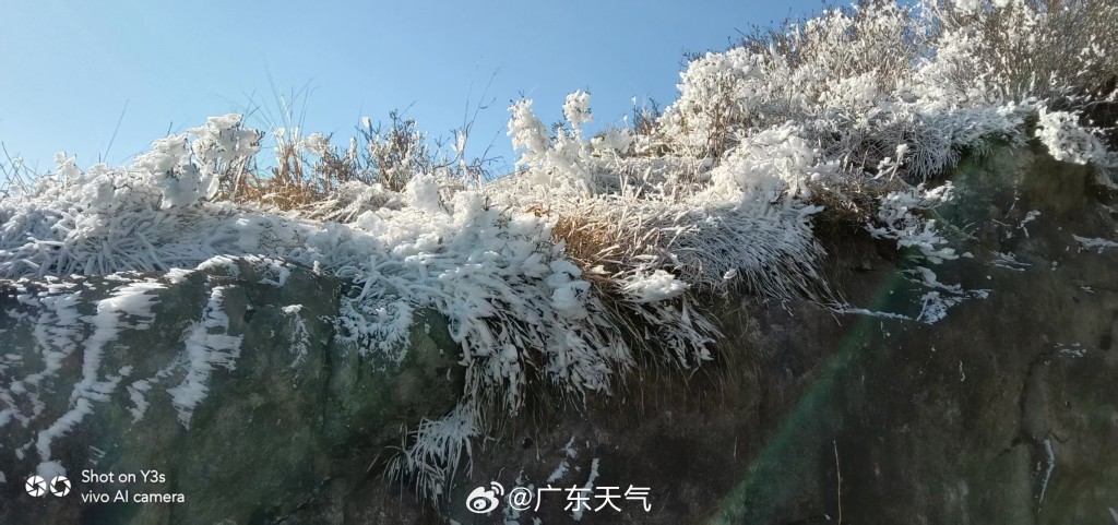 廣東受冷空氣侵襲，粵北金子山迎冰雪奇觀。（微博）