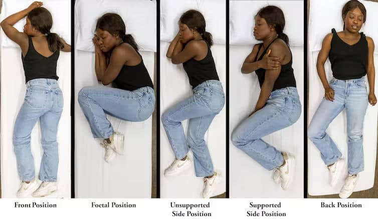 黃軒醫生列出主要的6種睡姿，由左至右分別為俯睡、胎兒型、無支撐側臥、有支撐側臥、仰睡。（圖片來源：Facebook@黃軒醫師 Dr. Ooi Hean）