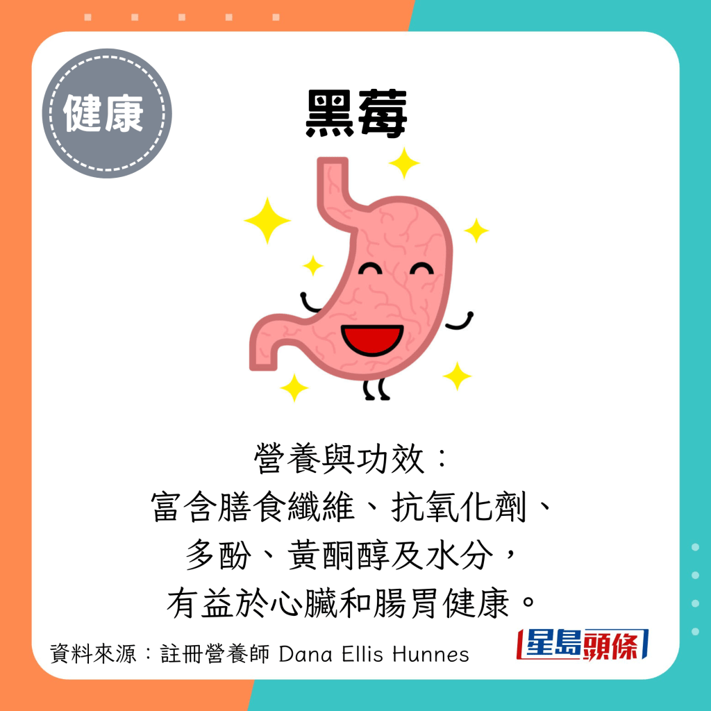 黑莓：营养与功效： 富含膳食纤维、抗氧化剂、 多酚、黄酮醇及水分， 有益于心脏和肠胃健康。