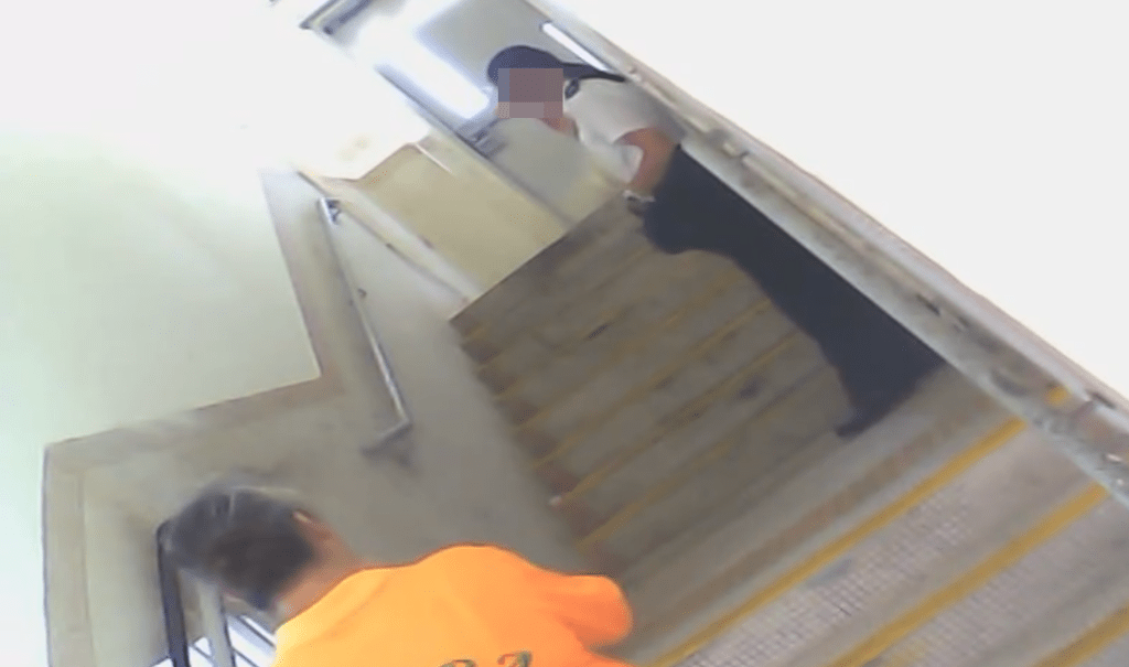 食環署女職員在梯間吸煙閒聊。網上片段截圖