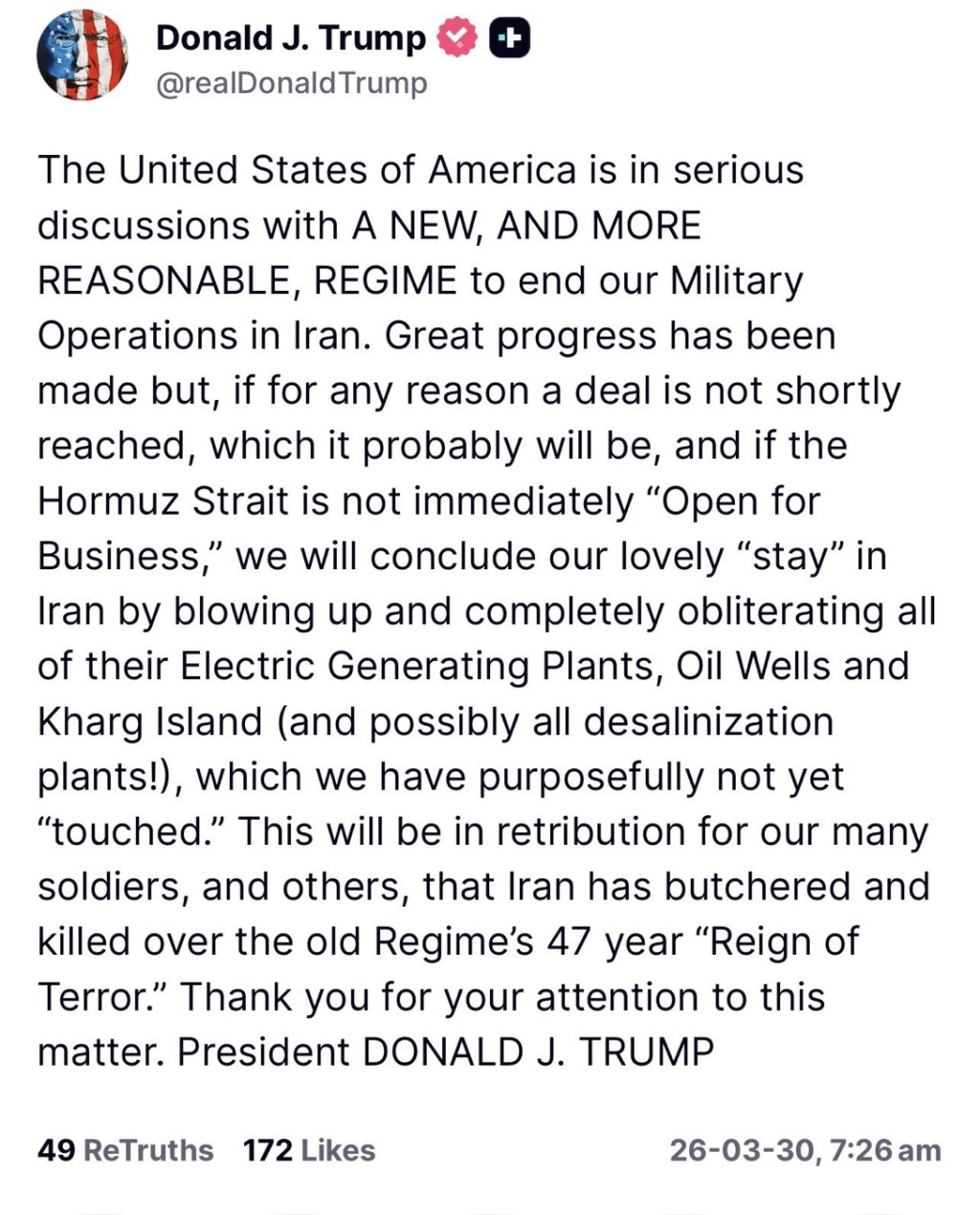 特朗普发文称与伊朗新政权谈判。 Truth Social