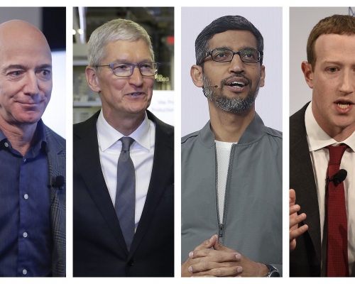 左起，亞馬遜集團創辦人貝索斯、蘋果公司行政總裁庫克、Google集團行政總裁皮查伊及facebook行政總裁朱克伯格。 AP資料圖片