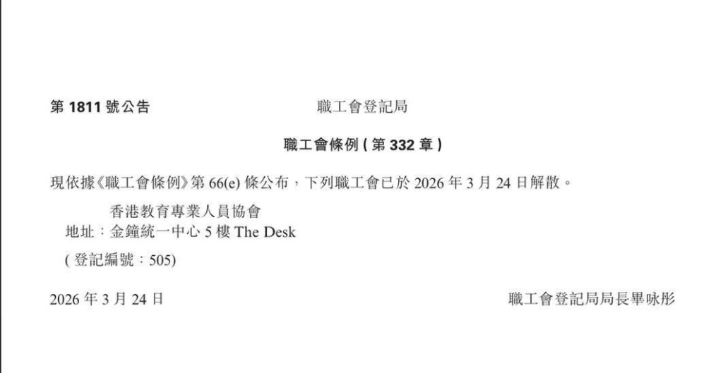 職工會登記局今日（27日）刊憲公布教協已於2026年3月24日解散。
