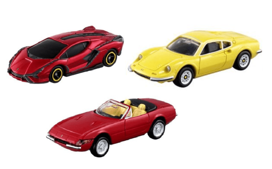TOMICA初回版以8折發售。林寶初回版車（Tomica BX089 Lamborghini Sian FKP 37 (1st)）（上左）、法拉利初回版車（Tomica Premium No.13 Ferrari Dino 246GT(1st)）（上右）、法拉利初回版（Tomica Premium No.36 Ferrari 365 GTS4 (1st)）（下）。