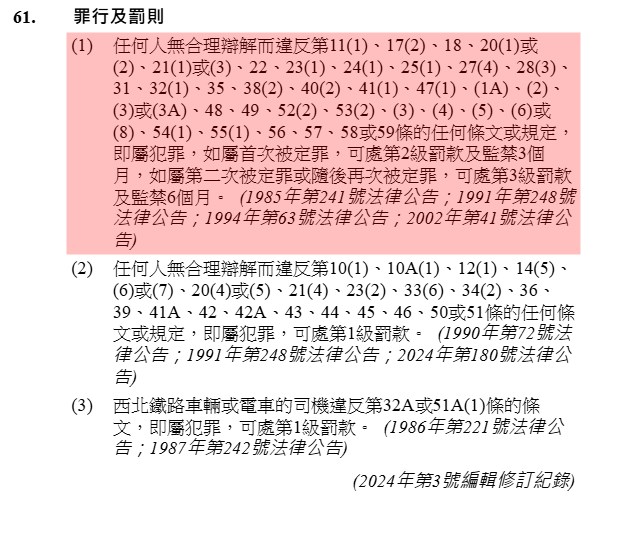 運載乘客人數不得超過登記文件數目。電子版香港法例截圖