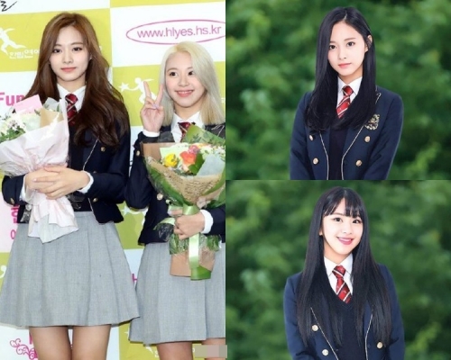 子瑜及彩瑛出席首爾翰林演藝藝術高中的畢業禮。網圖
