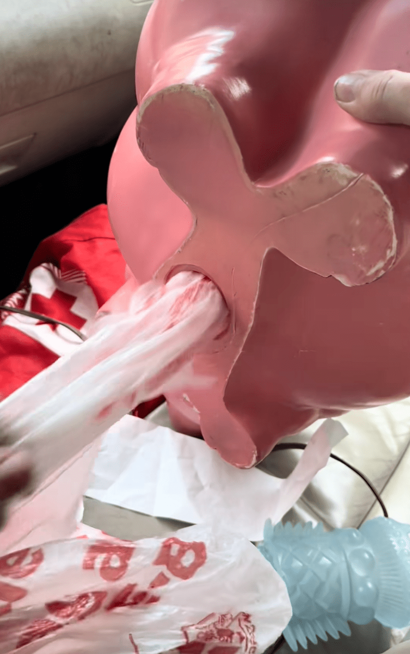 影片中可見,錢罌底部的塞子從未被打開,她好奇拉開後,先後扯出多個綁好的小膠袋,最終竟取出一疊以髮圈捆紮的紙幣。TikTok@miles8katrina 影片中可見,錢罌底部的塞子從未被打開,她好奇拉開後,先後扯出多個綁好的小膠袋,最終竟取出一疊以髮圈捆紮的紙幣。TikTok@miles8katrina