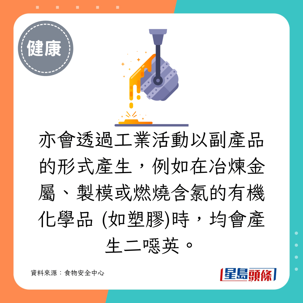 亦会透过工业活动以副产品的形式产生，例如在冶炼金属、制模或燃烧含氯的有机化学品 (如塑胶)时，均会产生二恶英。