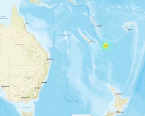 紐西蘭以北發生地震。美國地質勘探局網頁