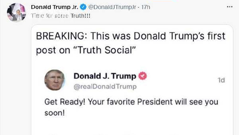 特朗普的儿子Twitter发文。
