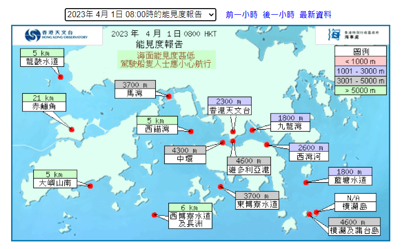 本港今早（1日）港內能見度一度下降至2,000米以下，其中九龍灣的能見度更只有1800米。