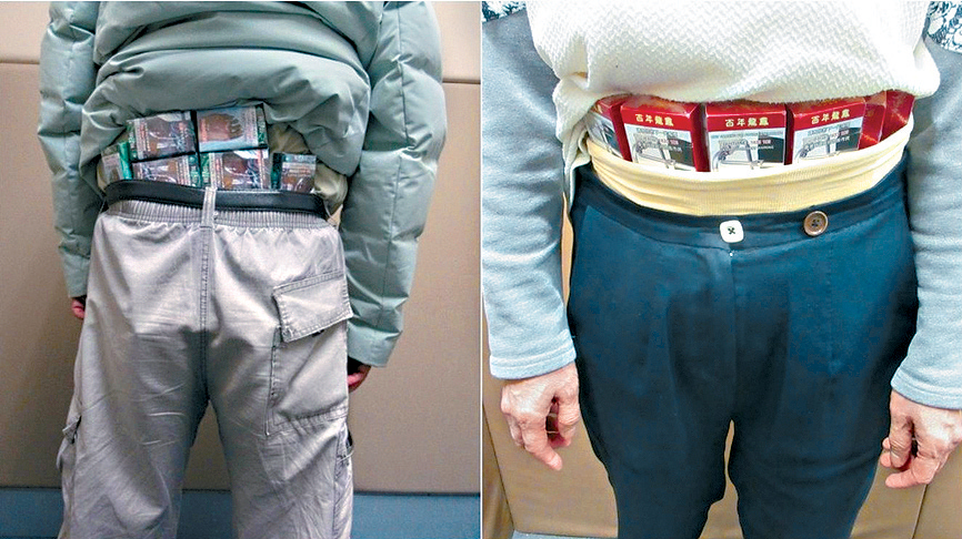 兩名長者早前在落馬洲抵港時揭發腰間藏私煙，各囚兩個月。