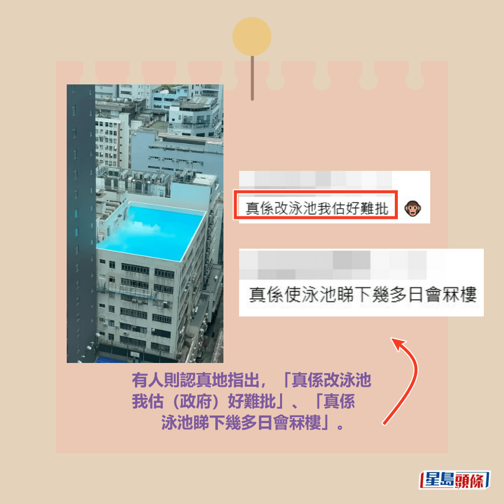 有人則認真地指出,「真係改泳池 我估(政府)好難批」、「真係泳 池睇下幾多日會冧樓」。 Threads截圖 有人則認真地指出,「真係改泳池 我估(政府)好難批」、「真係泳 池睇下幾多日會冧樓」。 Threads截圖