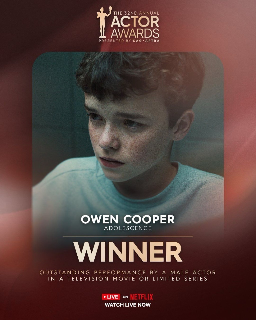 16歲Owen Cooper憑《混沌少年時》贏得迷你劇視帝，成史上最年輕得主。