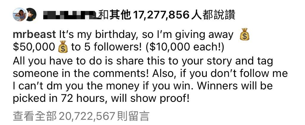 YouTuberMrBeast最近於生日當天在Instagram發帖，因生日的緣故，打算送出5萬美元（接近40萬港）給5位支持者，每位大約可獲接近8萬港元。