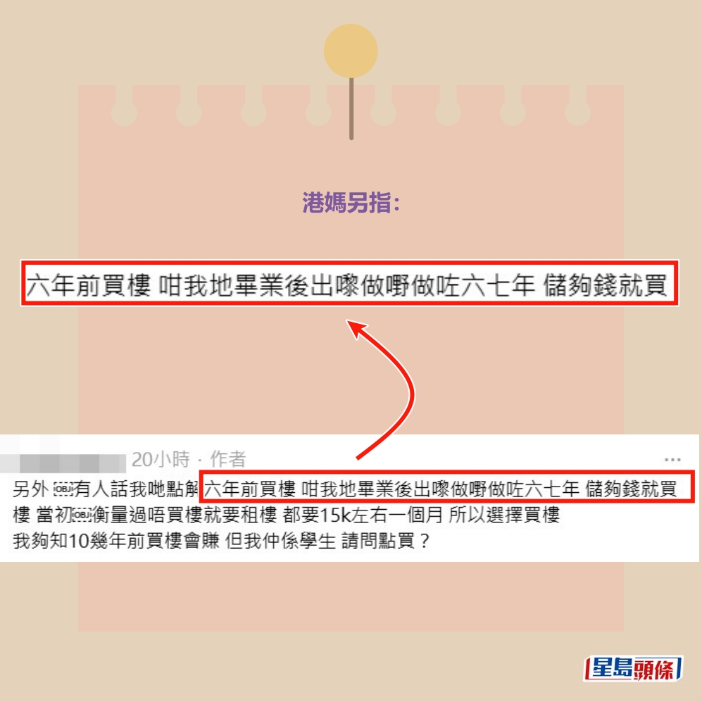 港媽另指:「有人話我哋點解6年前買樓,咁我哋畢業後出嚟做嘢做咗6、7年,儲夠錢就買樓,當初衡量過唔買樓就要租樓,都要15k($15000)左右一個月,所以選擇買樓。我夠知10幾年前買樓會賺,但我仲係學生,請問點買?」。Threads截圖 港媽另指:「有人話我哋點解6年前買樓,咁我哋畢業後出嚟做嘢做咗6、7年,儲夠錢就買樓,當初衡量過唔買樓就要租樓,都要15k($15000)左右一個月,所以選擇買樓。我夠知10幾年前買樓會賺,但我仲係學生,請問點買?」。Threads截圖