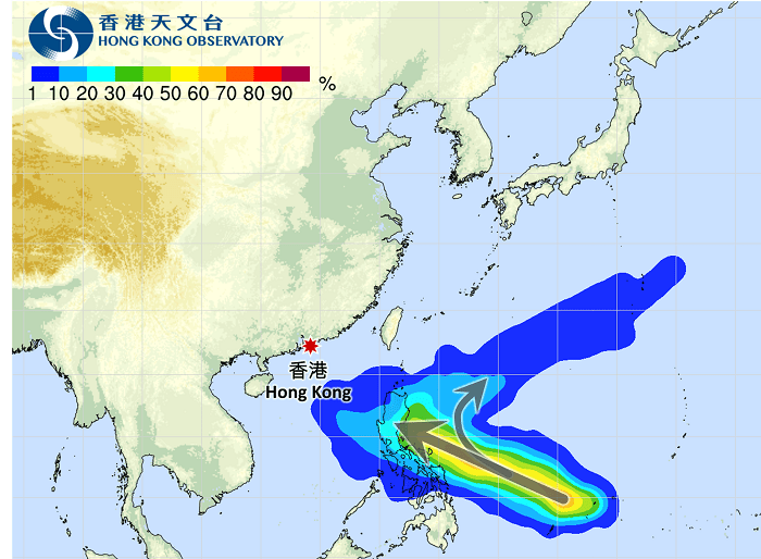 天文台在4月9日對菲律賓有機會發展成熱帶氣旋的路徑概率預測。資料圖片