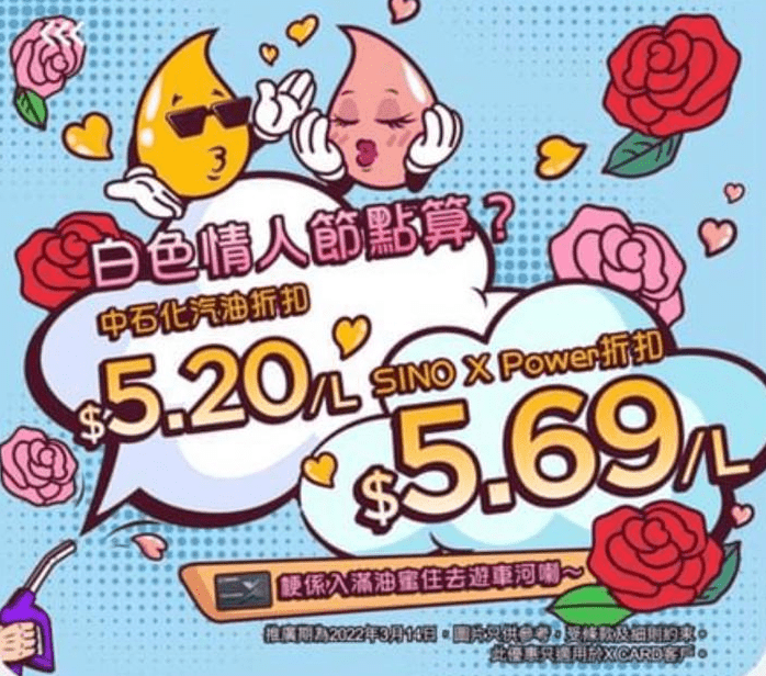 中石化就推出X CARD會員享中石化超級汽油折扣$5.69/升，以及中石化汽油折扣$5.2/升，只限今天白色情人節。