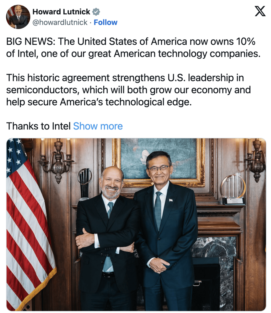 特朗普：英特尔同意售予美国政府10%股权卢特尼克宣布交易完成