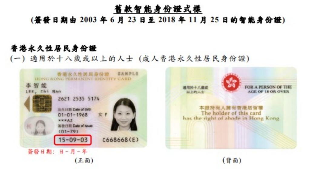 入境處提醒，所有載有出生年份為1969年或之前的舊款智能身份證，將於10月12日起失效。政府新聞處圖片