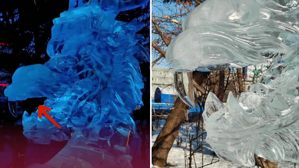 哈爾濱巨龍冰雕被遊客「拔牙」。