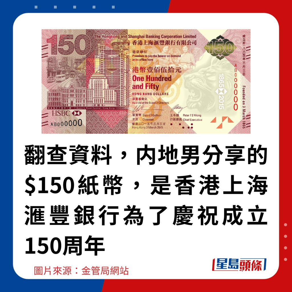 翻查資料，内地男分享的$150紙幣，是香港上海滙豐銀行為了慶祝成立150周年