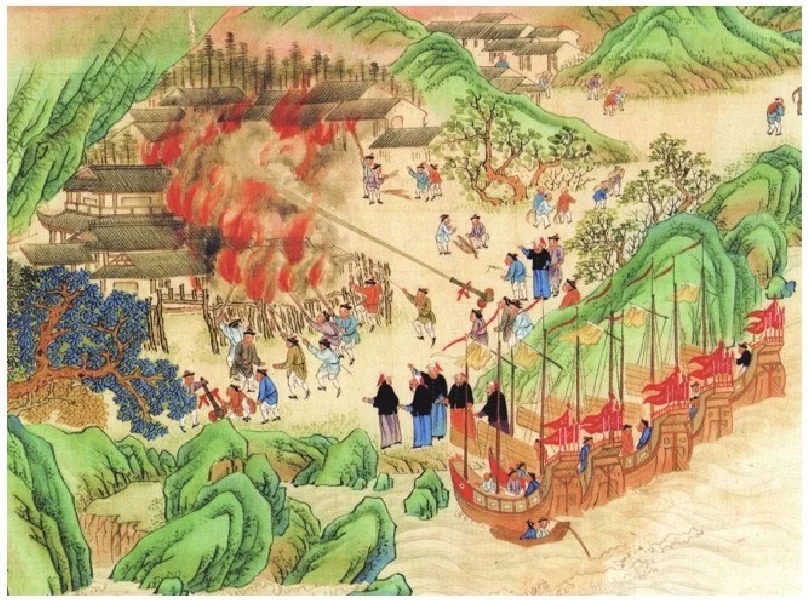 《靖海全圖》中清軍與海盜的戰鬥。網圖 《靖海全圖》中清軍與海盜的戰鬥。網圖