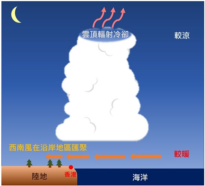 夜間雲頂的輻射冷卻會增加大氣的不穩定性,加上西南風在沿岸地區匯聚,使暖濕空氣更容易上升。天文台網站