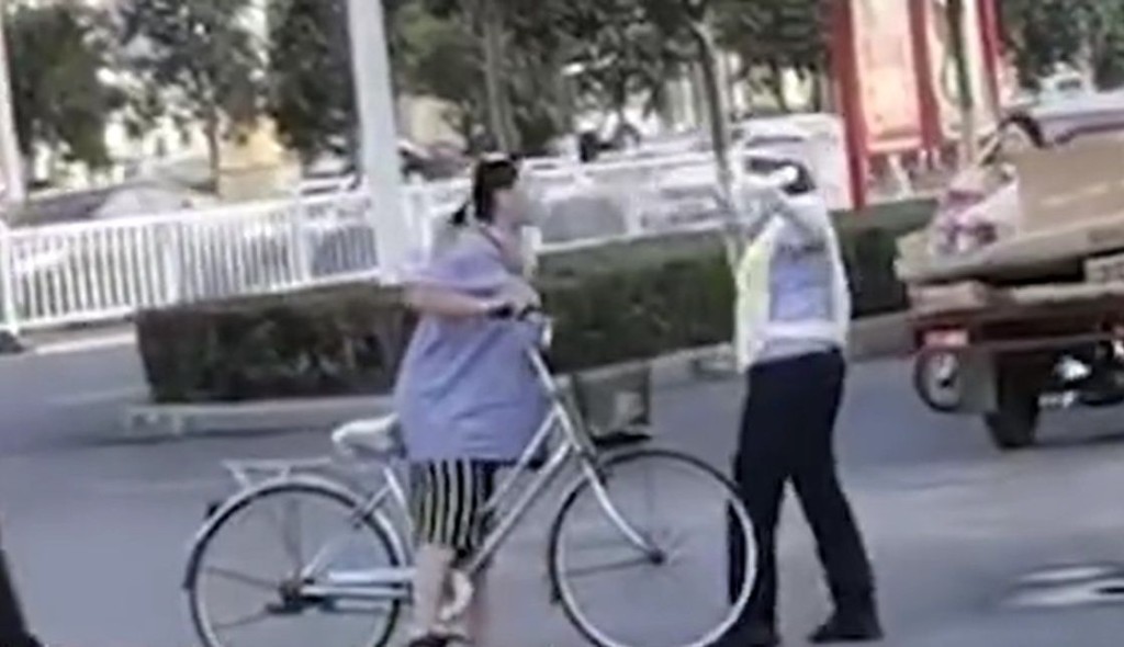 女子在路上逆線踩單車被截停,竟出手打傷女輔警。網圖