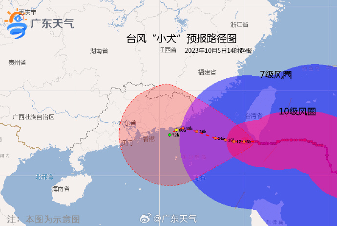 廣東氣象台預測颱風「小犬」路線。