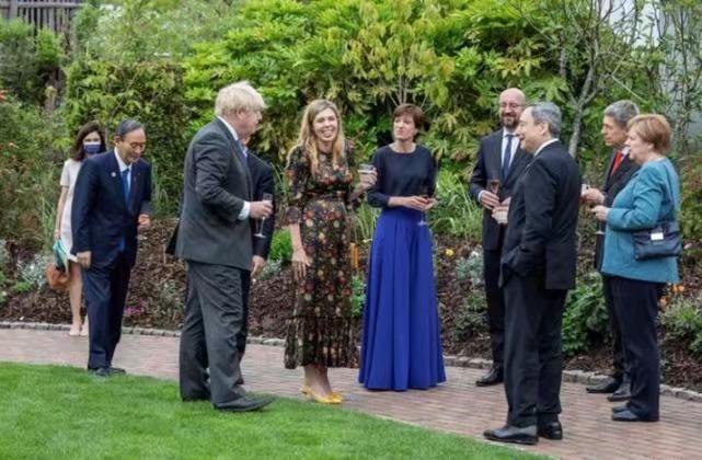 《每日新聞》稱，在英國首相約翰遜等人暢談時，菅義偉站在外圍。