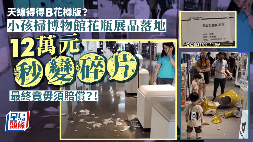 小孩打碎博物館近12萬花瓶，地上滿是碎片，一旁的展品全無防護設備。