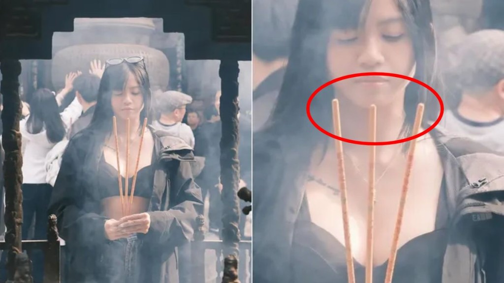 大馬女網紅Junee疑遊河南古剎，低胸拜神未點香燭被批「擺拍」褻瀆神明。