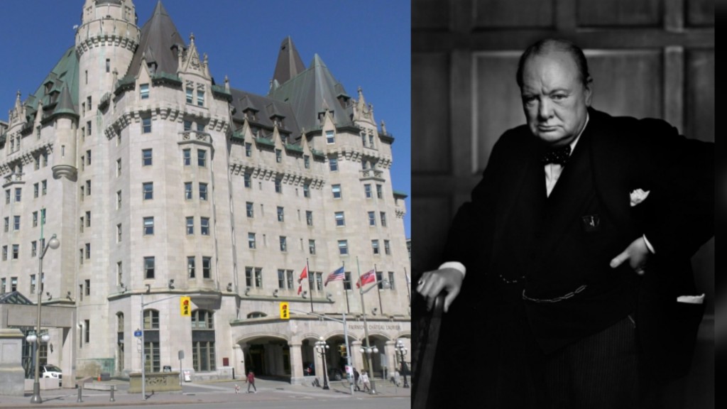 懸掛在Fairmont Chateau Laurier 酒店內的邱吉爾人像照片被偷走。網圖