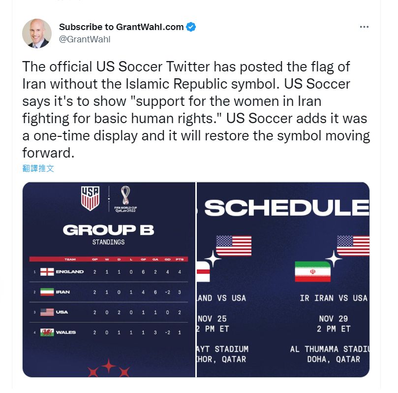 美国足总上周六在Twitter、Instagram和Facebook官方帐号贴出B组分组赛积分表，显示的伊朗国旗只有绿、白和红三色，中间的红色国徽不见踪影。