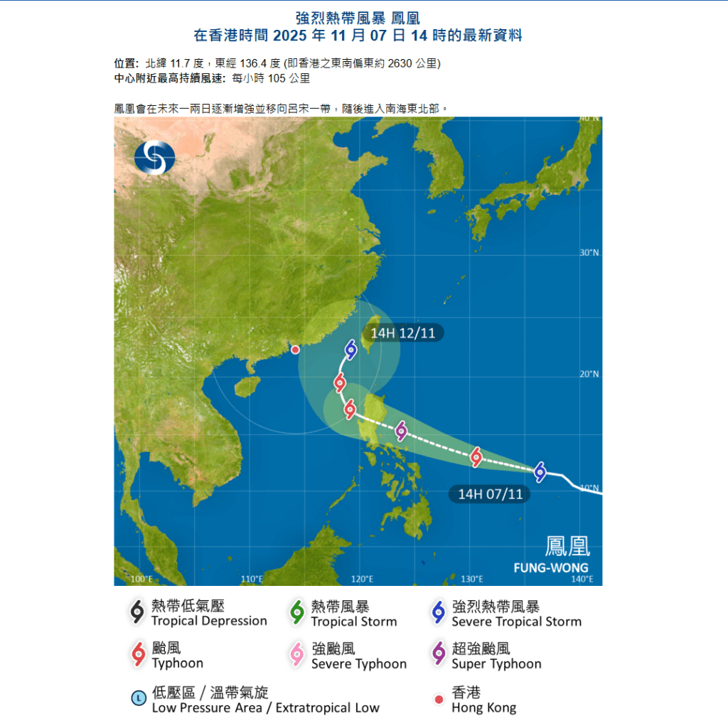 根據天文台發出的路徑圖顯示,鳳凰最快周一以颱風級別闖入本港800公里範圍。天文台網頁截圖 根據天文台發出的路徑圖顯示,鳳凰最快周一以颱風級別闖入本港800公里範圍。天文台網頁截圖
