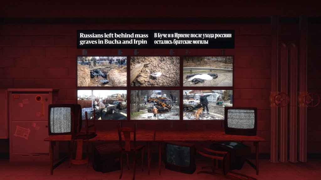 《赫爾辛基日報》透過可自由創作內容的射擊遊戲「絕對武力」（Counter-Strike）發布俄烏戰爭消息，在遊戲中的密室展示俄軍在烏克蘭布查鎮和伊爾平大屠殺的照片。 路透社