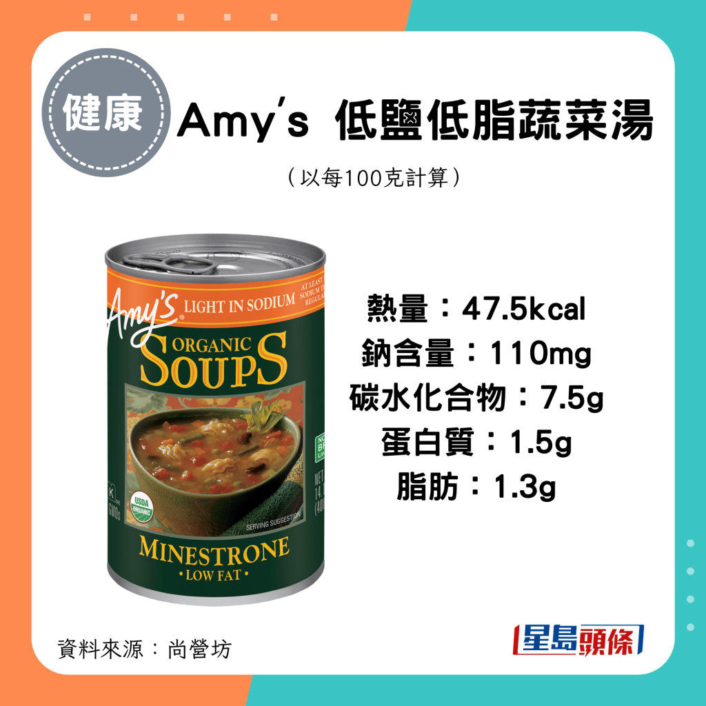 Amy's 低鹽低脂蔬菜湯 熱量：47.5kcal