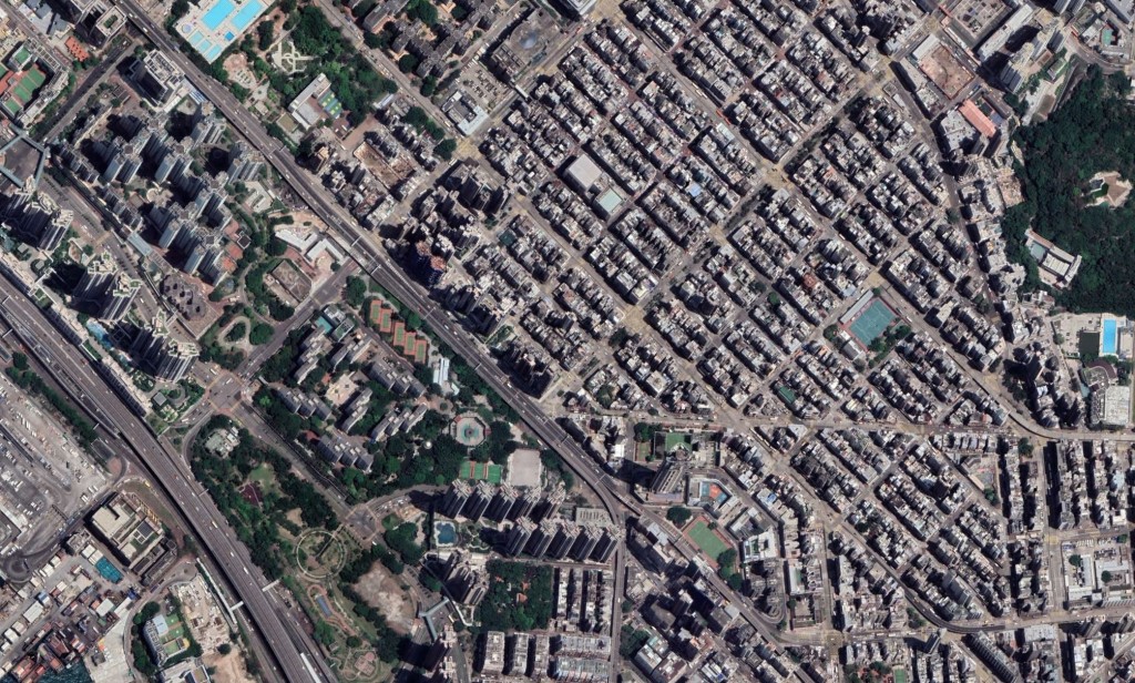 香港的綠地暴露水平僅為35% ，圖爲深水埗一帶。（Data Source from Google Earth Imagery)