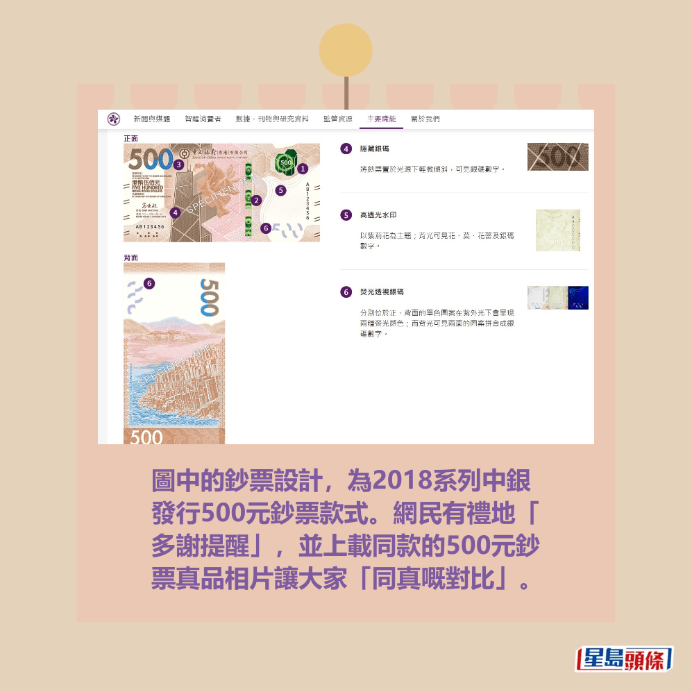 圖中的鈔票設計,為2018系列中銀 發行500元鈔票款式。網民有禮地「 多謝提醒」,並上載同款的500元鈔 票真品相片讓大家「同真嘅對比」。金管局網頁截圖 圖中的鈔票設計,為2018系列中銀 發行500元鈔票款式。網民有禮地「 多謝提醒」,並上載同款的500元鈔 票真品相片讓大家「同真嘅對比」。金管局網頁截圖